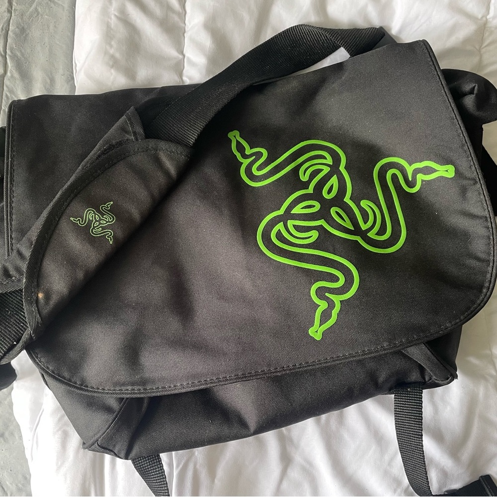 Black Green Razer Gamer Crossbody Computer Bag